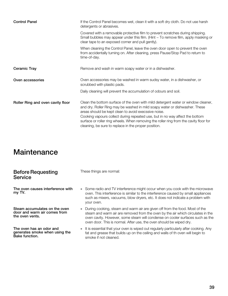 Maintenance, Before requesting service | Siemens 30 Convection Microwave User Manual | Page 39 / 136