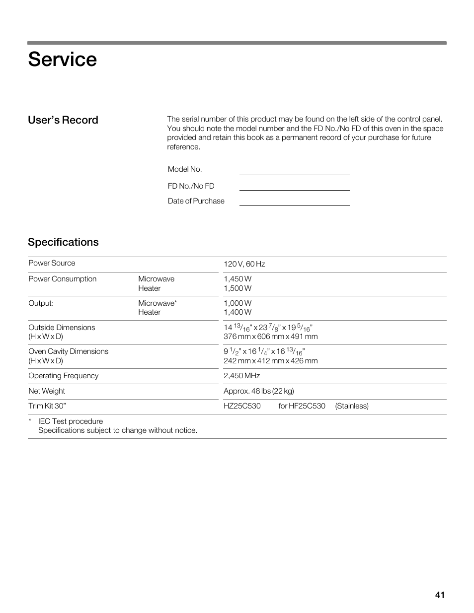 Service, User's record specifications | Siemens 30 Convection Microwave User Manual | Page 41 / 136