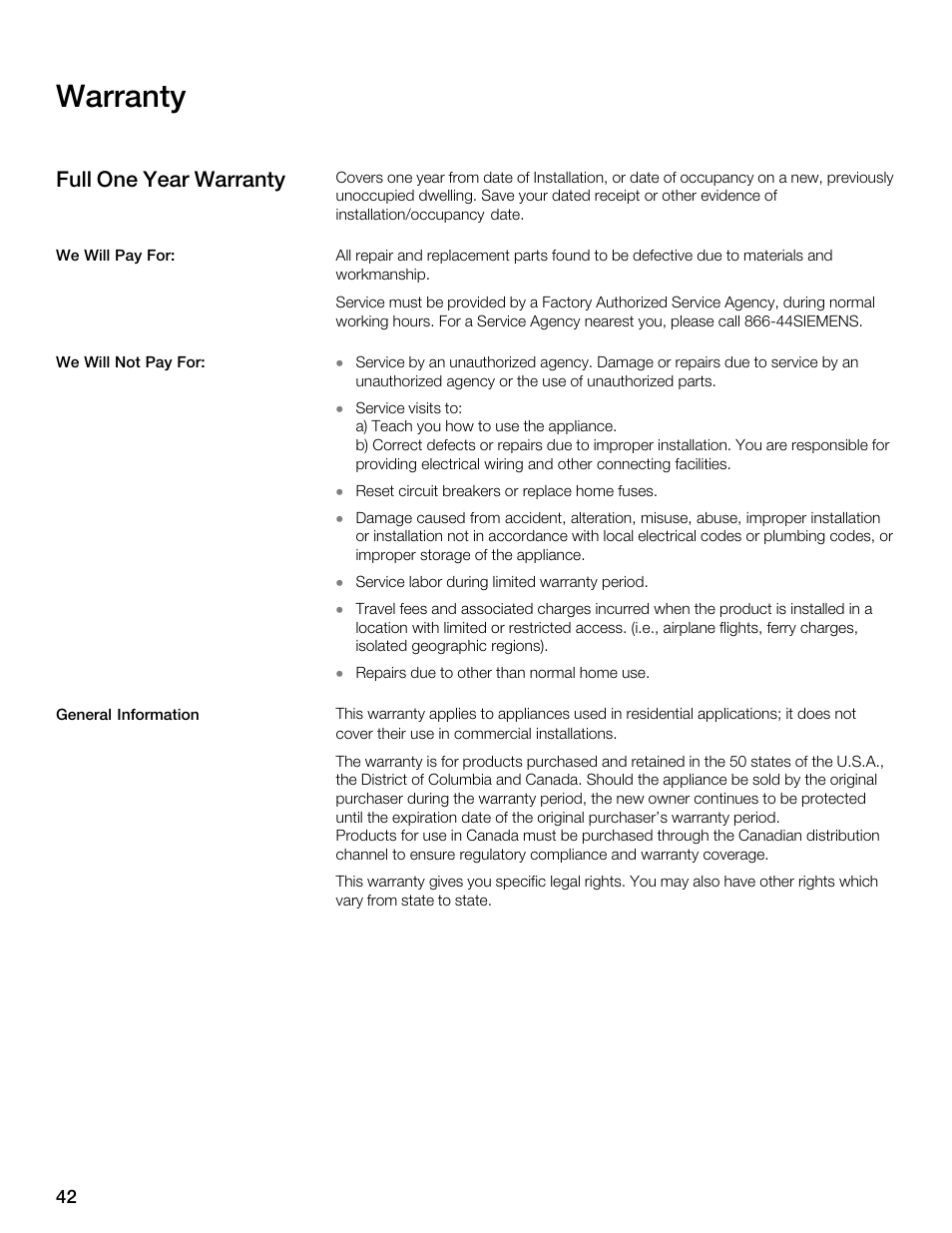 Warranty, Full one year warranty | Siemens 30 Convection Microwave User Manual | Page 42 / 136