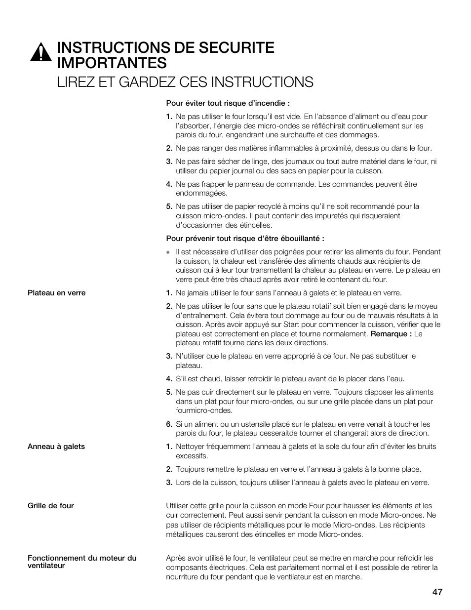 Instructions de sécurité importantes, Lirez et gardez ces instructions | Siemens 30 Convection Microwave User Manual | Page 47 / 136