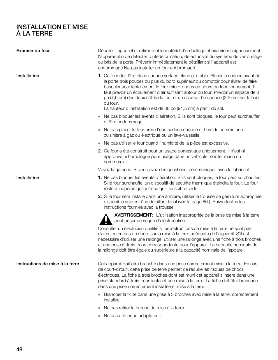 Installation et mise à la terre | Siemens 30 Convection Microwave User Manual | Page 48 / 136