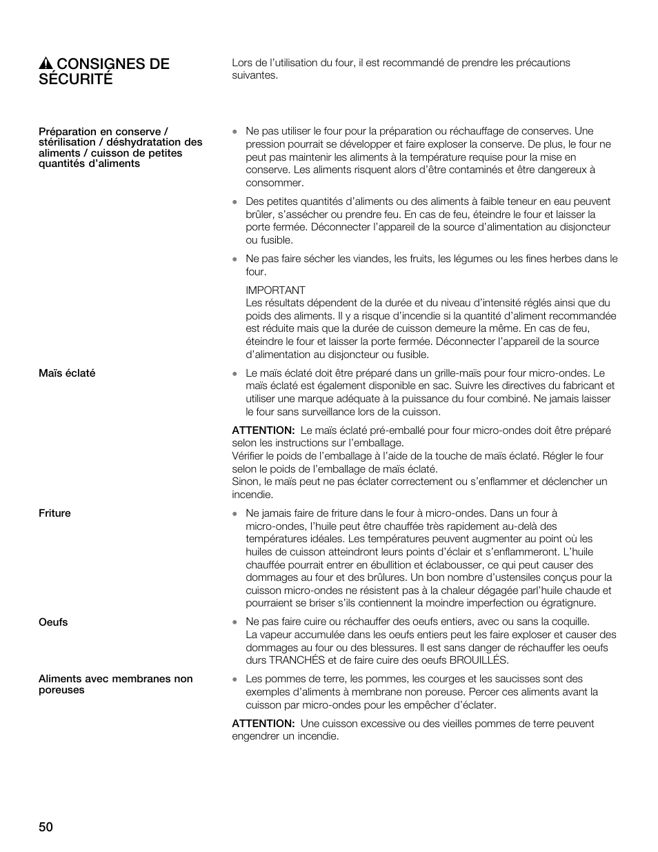 Ř consignes de sécurité | Siemens 30 Convection Microwave User Manual | Page 50 / 136