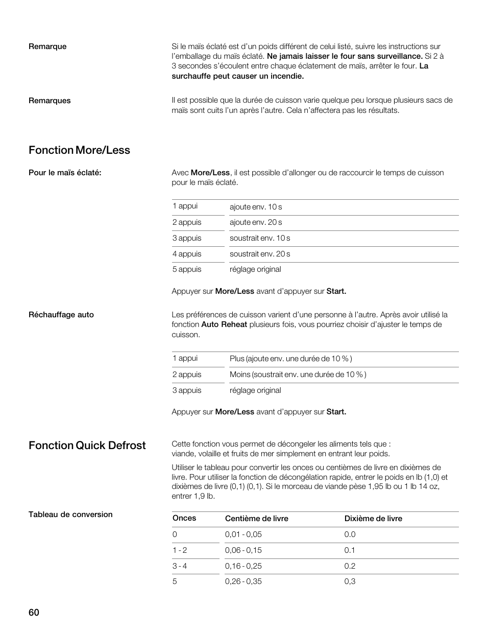 Fonction more/less, Fonction quick defrost | Siemens 30 Convection Microwave User Manual | Page 60 / 136