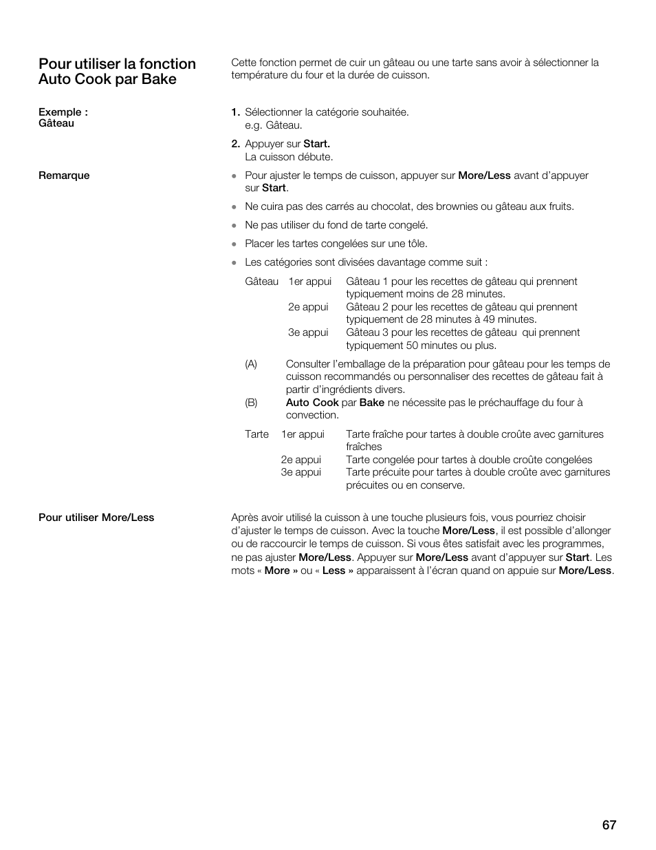 Pour utiliser la fonction auto cook par bake | Siemens 30 Convection Microwave User Manual | Page 67 / 136