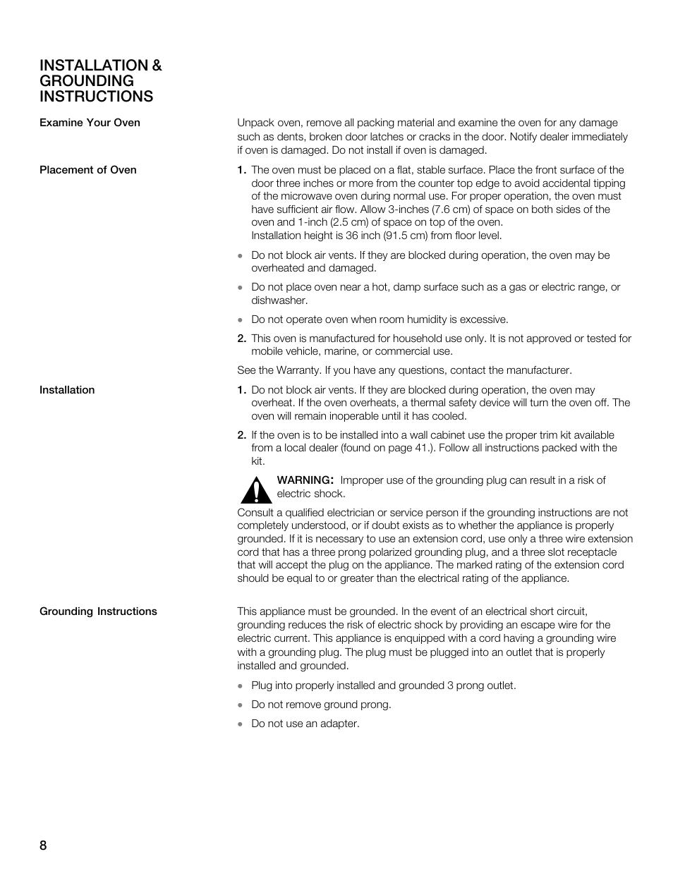 Installation & grounding instructions | Siemens 30 Convection Microwave User Manual | Page 8 / 136
