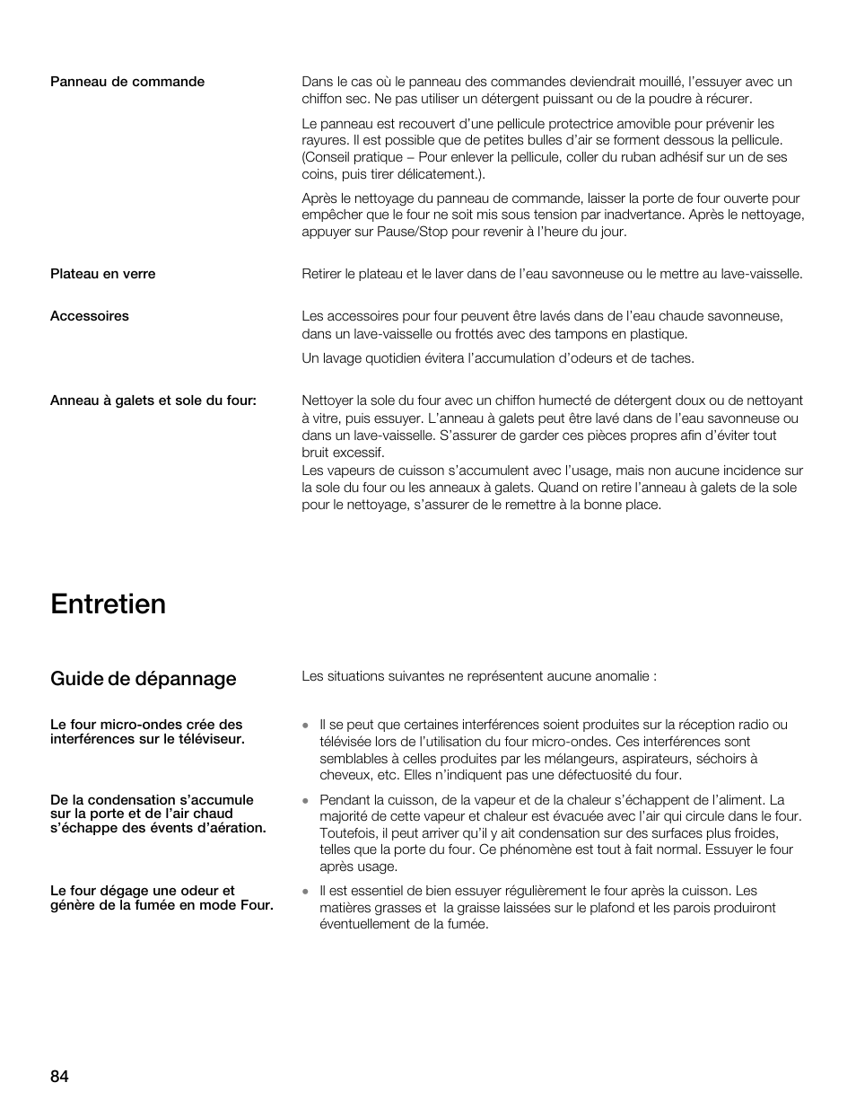 Entretien, Guide de dépannage | Siemens 30 Convection Microwave User Manual | Page 84 / 136