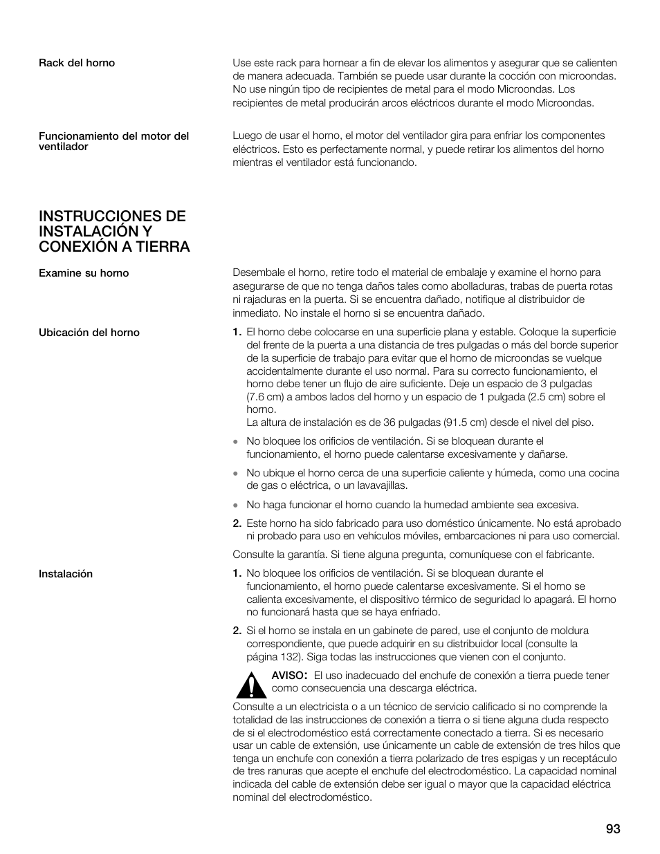 Instrucciones de instalación y conexión a tierra | Siemens 30 Convection Microwave User Manual | Page 93 / 136