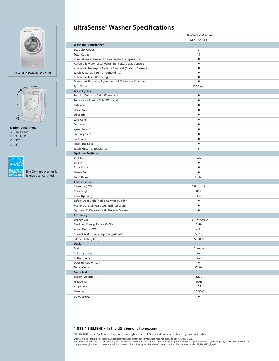 Ultrasense, Washer specifications | Siemens 27 Washer User Manual | Page 2 / 2