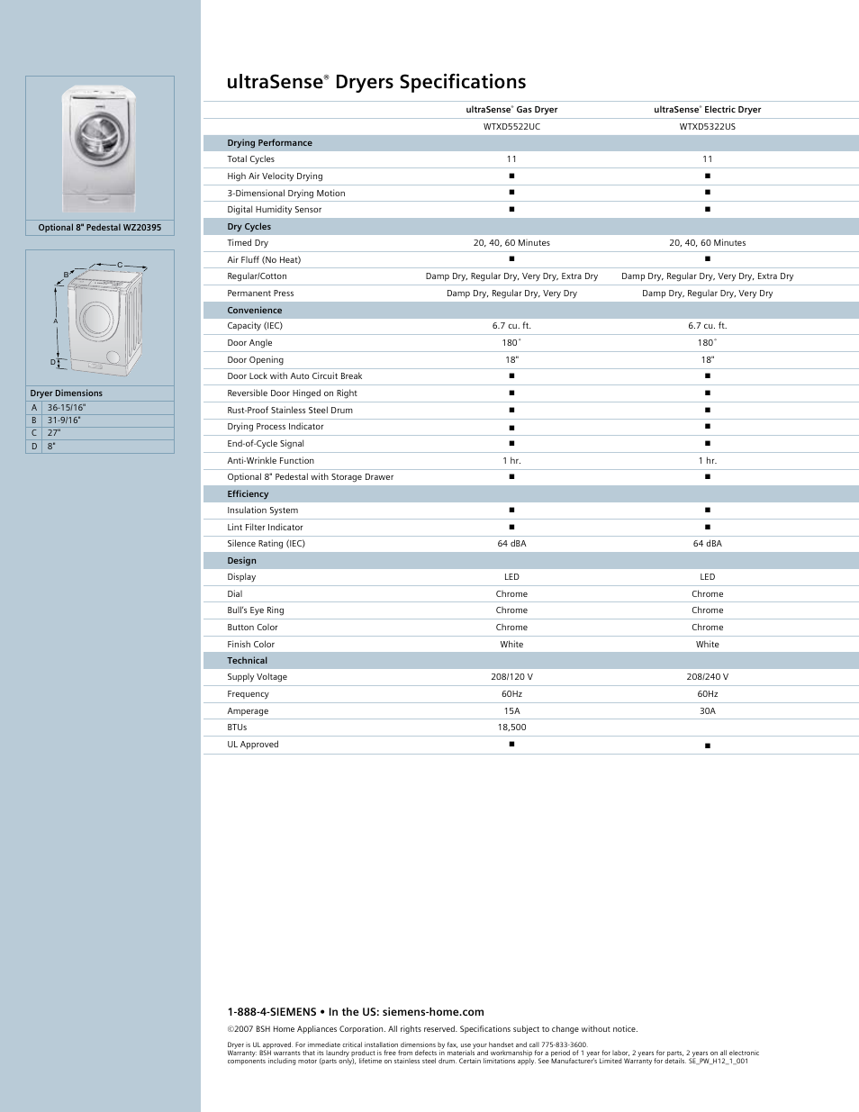 Ultrasense, Dryers specifications | Siemens 27 Gas Dryer User Manual | Page 2 / 2