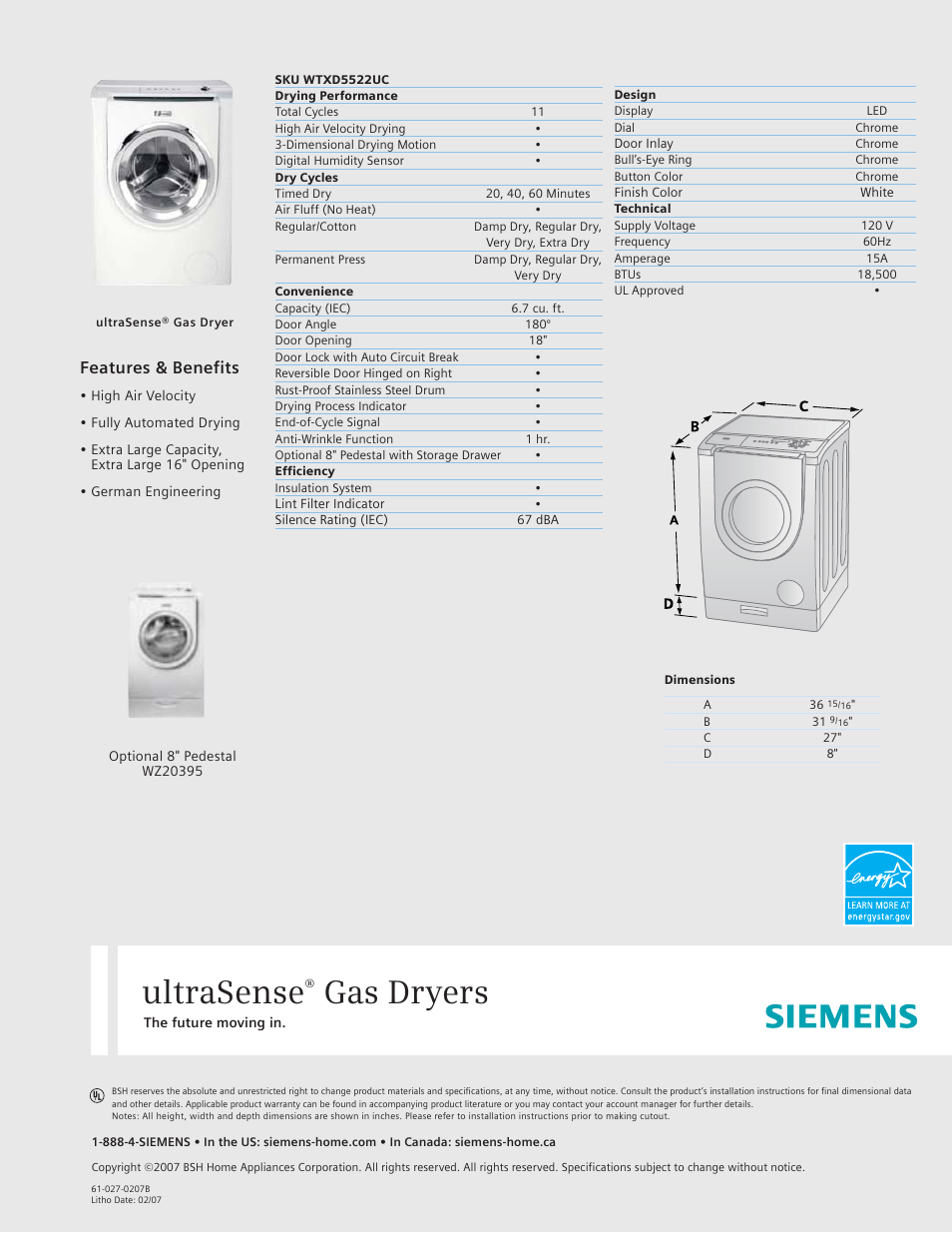 Siemens 27 Gas Dryer User Manual | 1 page
