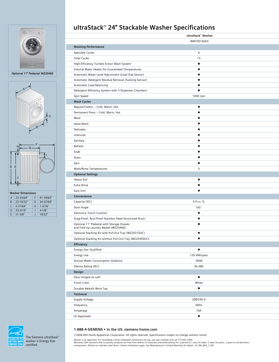 Ultrastack, 24" stackable washer specifications | Siemens 24 Stackable Washer User Manual | Page 2 / 2