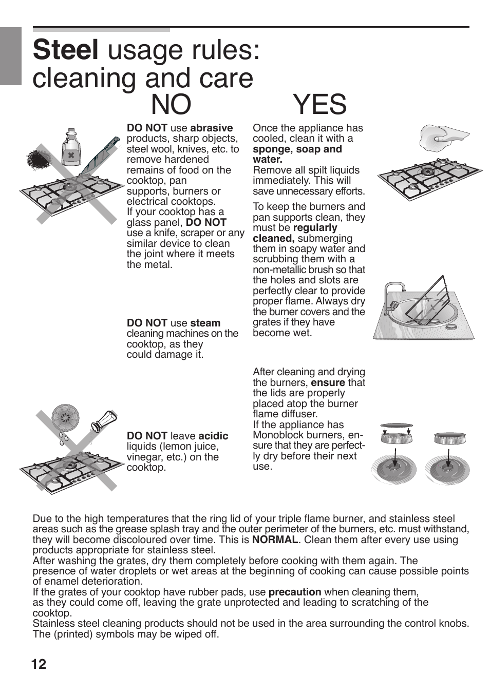 Steel usage rules: cleaning and care, No yes | Siemens 36inc Stainless Gas Cooktop User Manual | Page 12 / 57