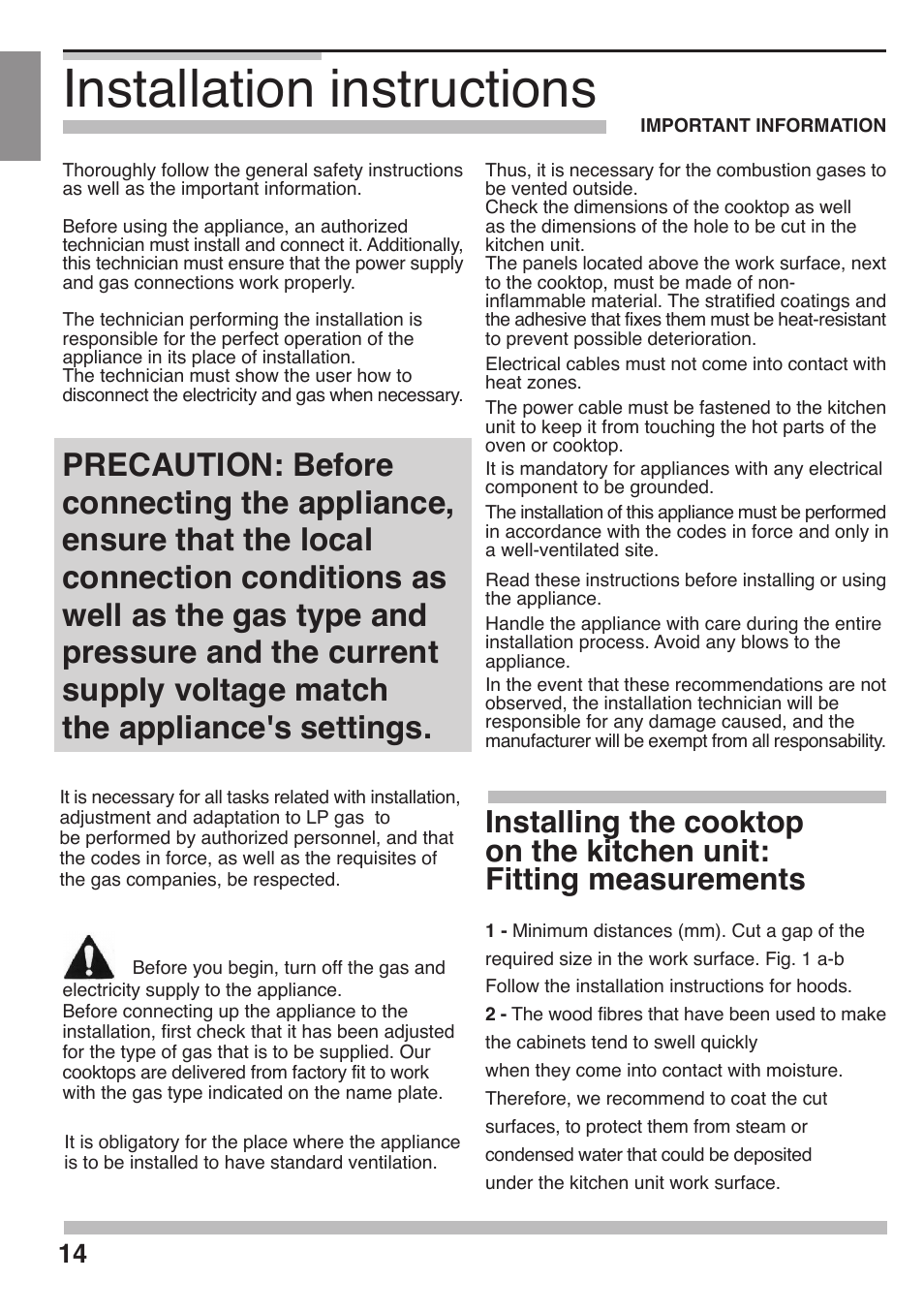 Installation instructions, On the kitchen unit: fitting measurements, Installing the cooktop | Siemens 36inc Stainless Gas Cooktop User Manual | Page 14 / 57