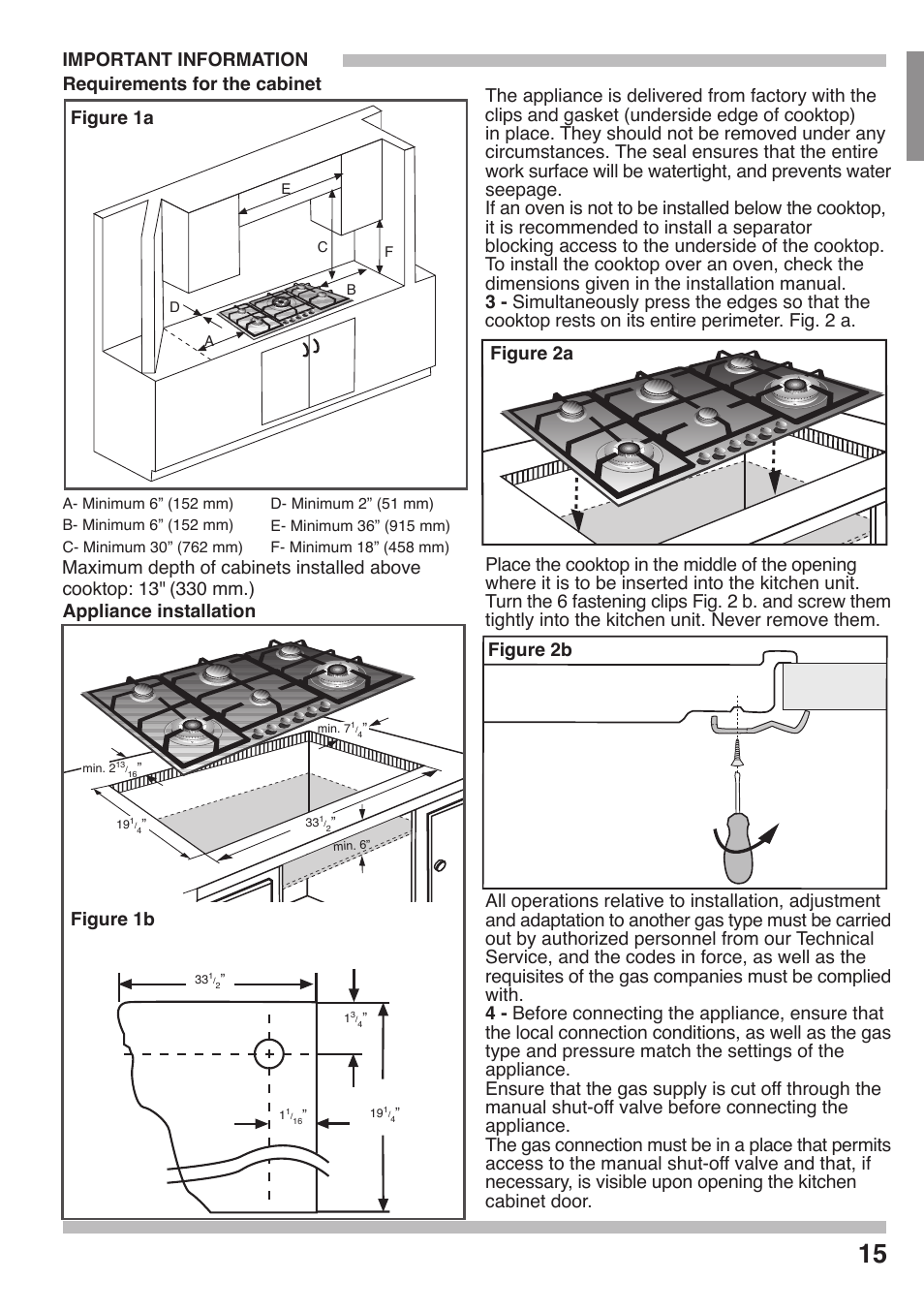 Requirements for the cabinet, Figure 2a figure 2b | Siemens 36inc Stainless Gas Cooktop User Manual | Page 15 / 57