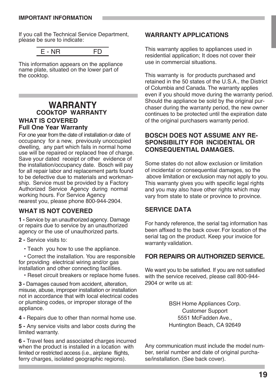 Warranty | Siemens 36inc Stainless Gas Cooktop User Manual | Page 19 / 57