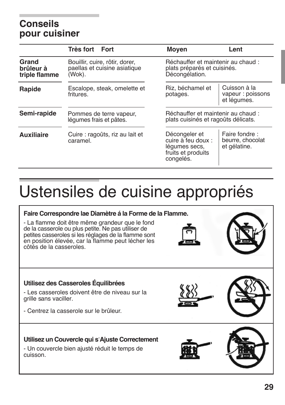 Ustensiles de cuisine appropriés, Conseils pour cuisiner | Siemens 36inc Stainless Gas Cooktop User Manual | Page 29 / 57