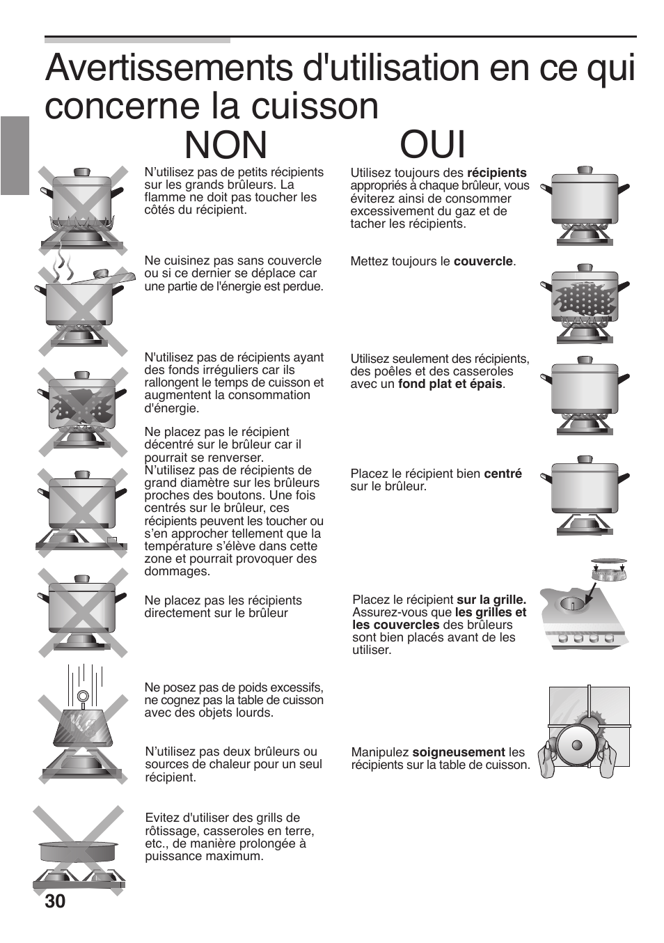 Concerne la cuisson, Avertissements d'utilisation en ce qui, Non oui | Siemens 36inc Stainless Gas Cooktop User Manual | Page 30 / 57