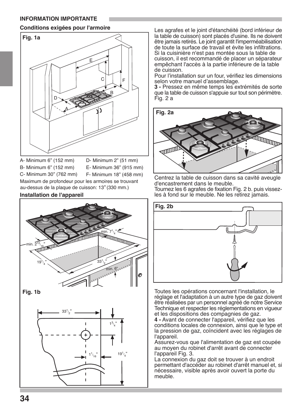 Conditions exigées pour l'armoire, Fig. 2a fig. 2b, L'appareil fig. 3 | Siemens 36inc Stainless Gas Cooktop User Manual | Page 34 / 57