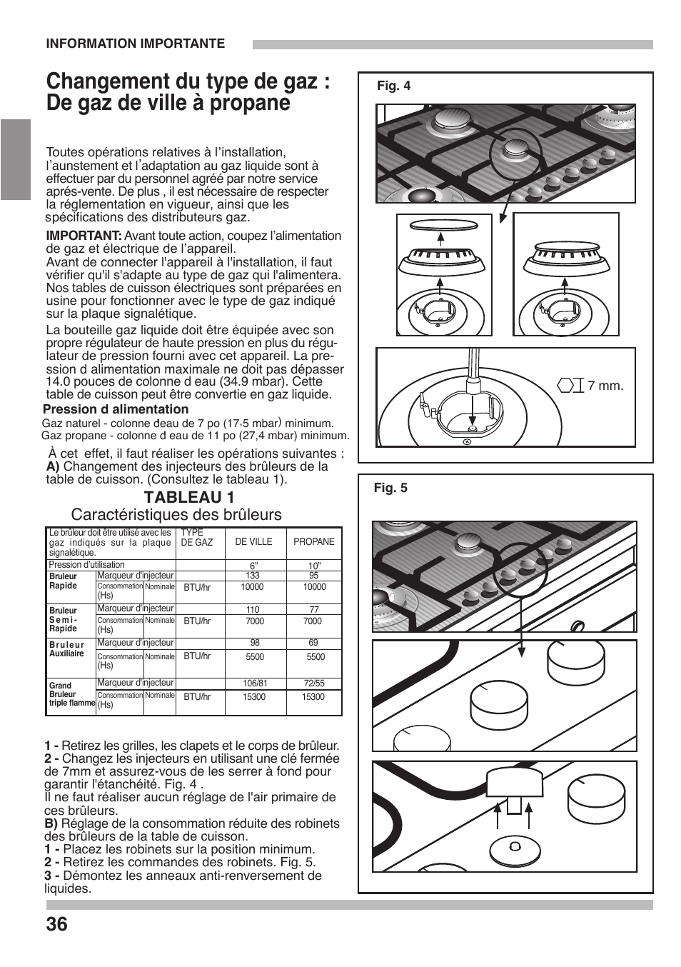 Tableau 1 caractéristiques des brûleurs | Siemens 36inc Stainless Gas Cooktop User Manual | Page 36 / 57