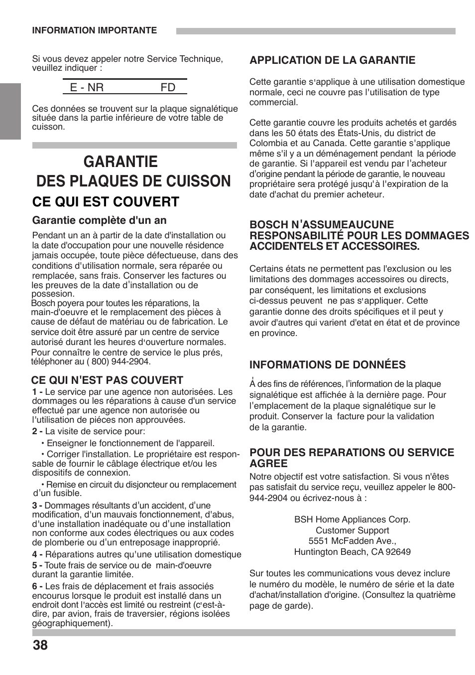 Des plaques de cuisson garantie, Ce qui est couvert | Siemens 36inc Stainless Gas Cooktop User Manual | Page 38 / 57