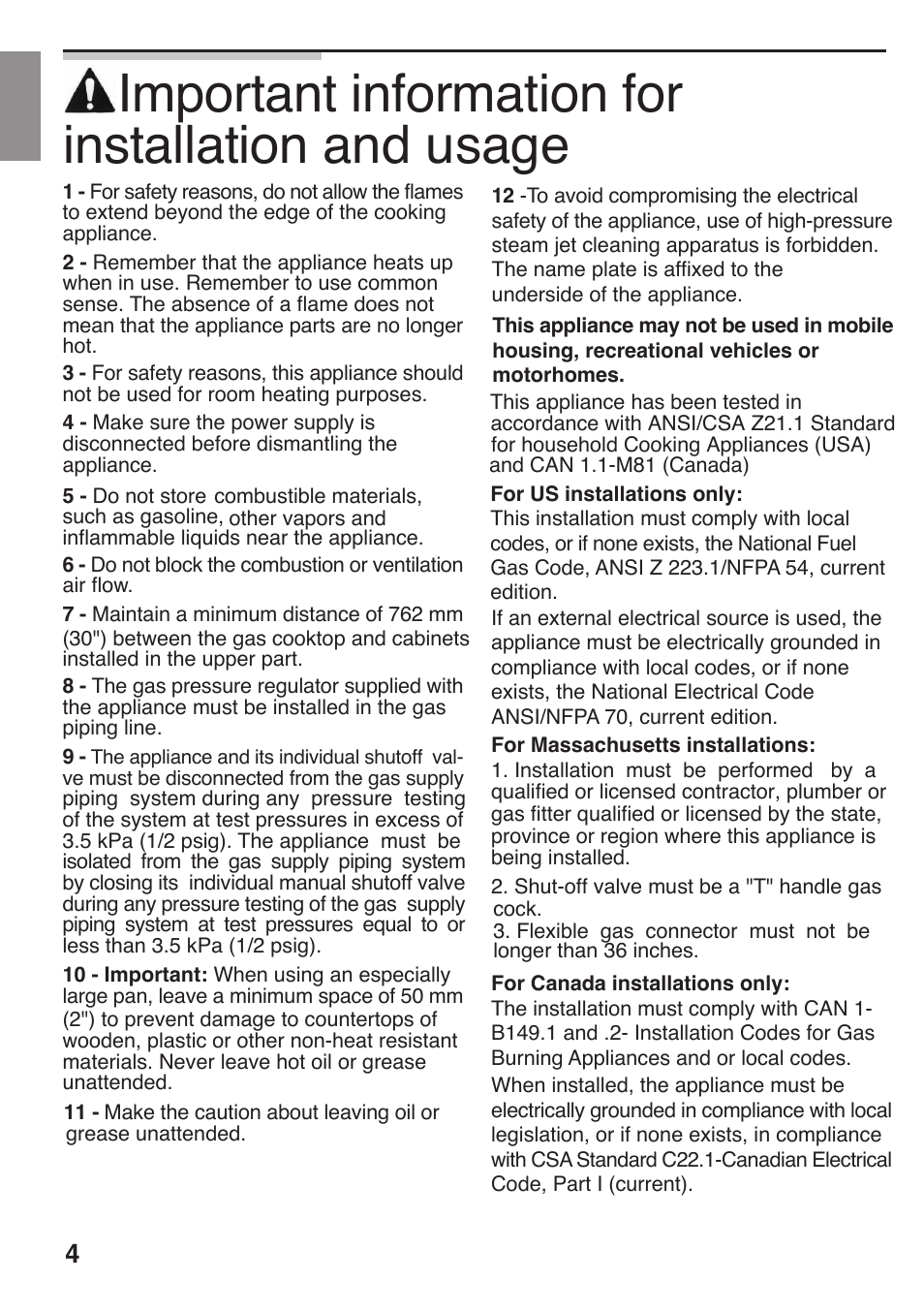 And usage, Installation important information for | Siemens 36inc Stainless Gas Cooktop User Manual | Page 4 / 57