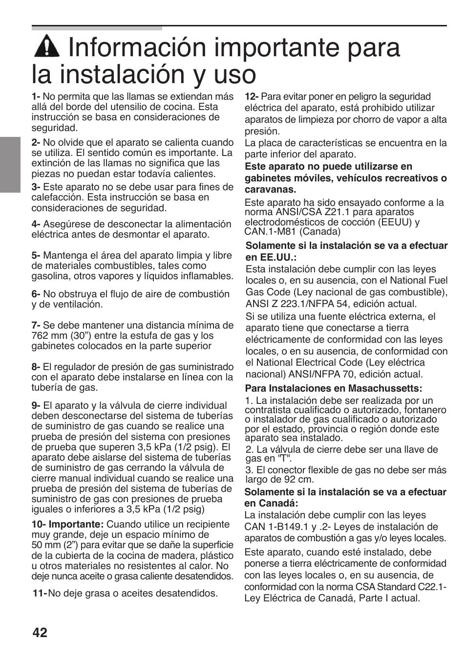 Información importante para la instalación y uso | Siemens 36inc Stainless Gas Cooktop User Manual | Page 42 / 57