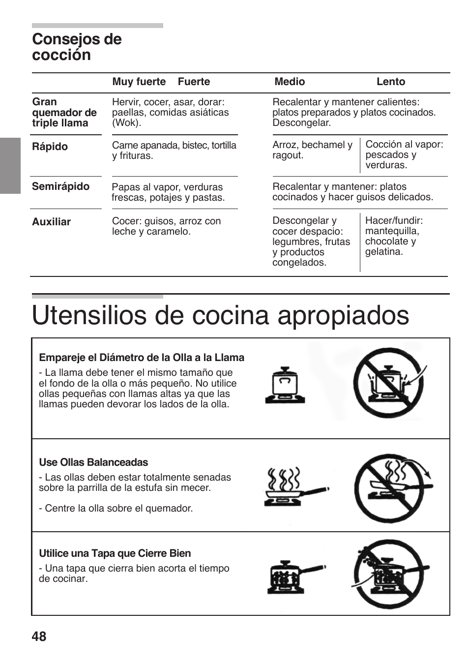 Utensilios de cocina apropiados, Consejos de cocción | Siemens 36inc Stainless Gas Cooktop User Manual | Page 48 / 57