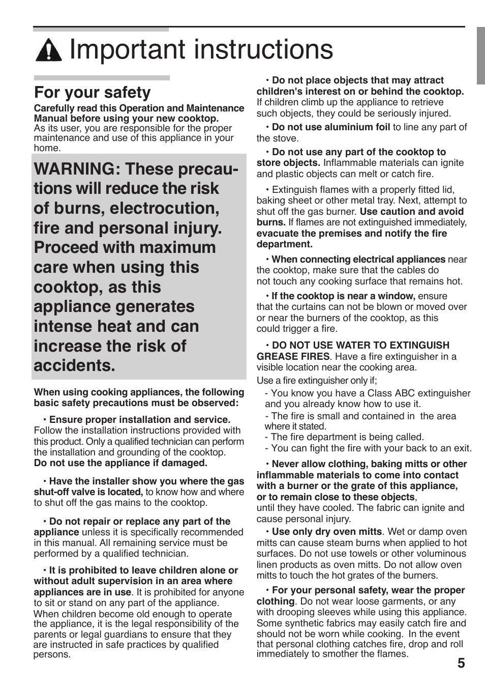 Important instructions, Care when using this proceed with maximum, For your safety | Siemens 36inc Stainless Gas Cooktop User Manual | Page 5 / 57