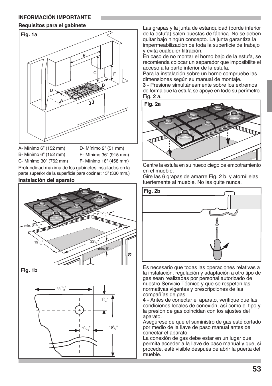 Requisitos para el gabinete, Fig. 2a fig. 2b, Conectar el aparato | Siemens 36inc Stainless Gas Cooktop User Manual | Page 53 / 57