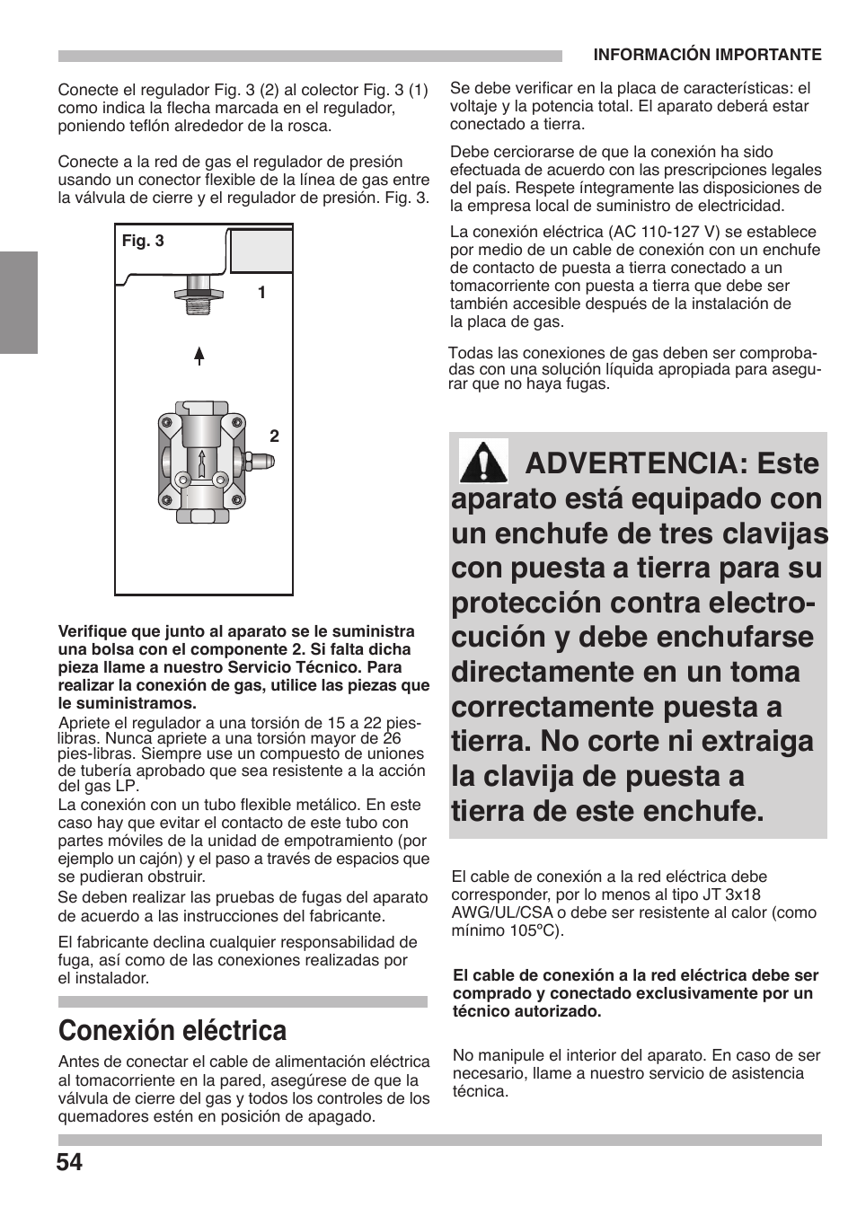 Advertencia: este, Conexión eléctrica | Siemens 36inc Stainless Gas Cooktop User Manual | Page 54 / 57