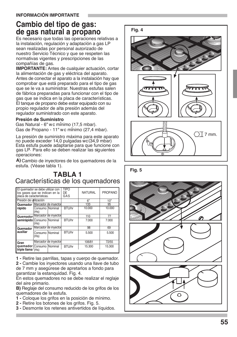 Cambio del tipo de gas: de gas natural a propano, Tabla 1 características de los quemadores | Siemens 36inc Stainless Gas Cooktop User Manual | Page 55 / 57