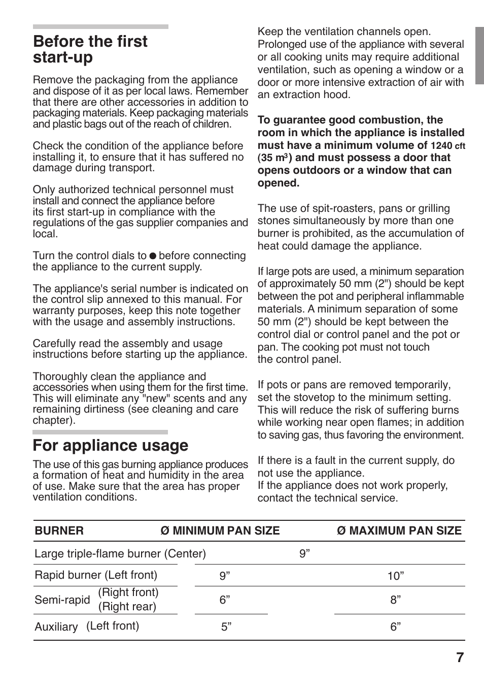 Before the first start-up for appliance usage | Siemens 36inc Stainless Gas Cooktop User Manual | Page 7 / 57