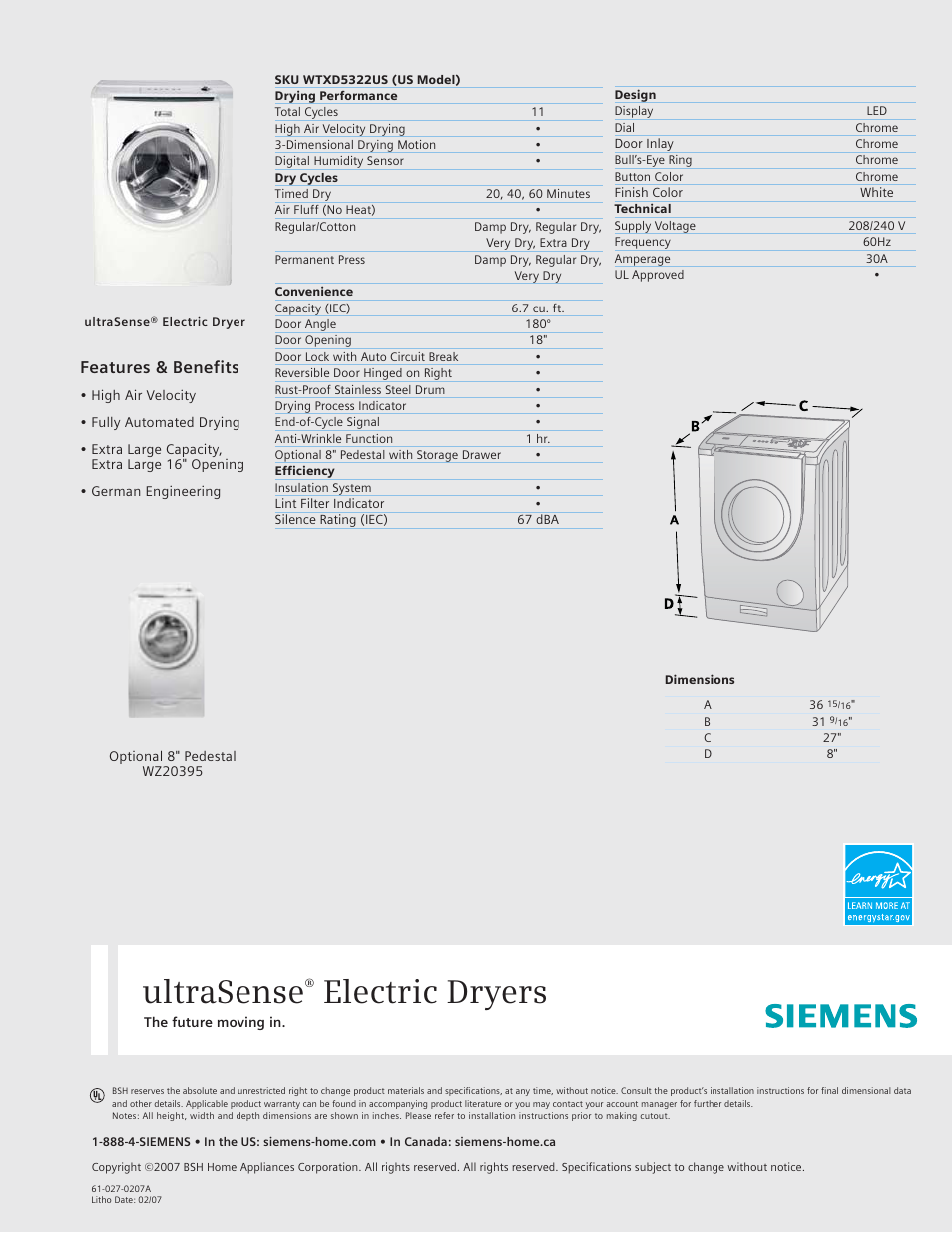 Siemens 27 Electric Dryer User Manual | 1 page