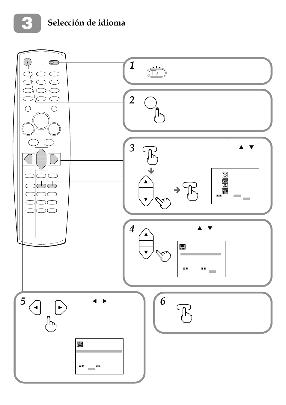 Selección de idioma, Power, Menu | Vcr/catv/dbs/tv | Aiwa HV-FX9000U User Manual | Page 46 / 118