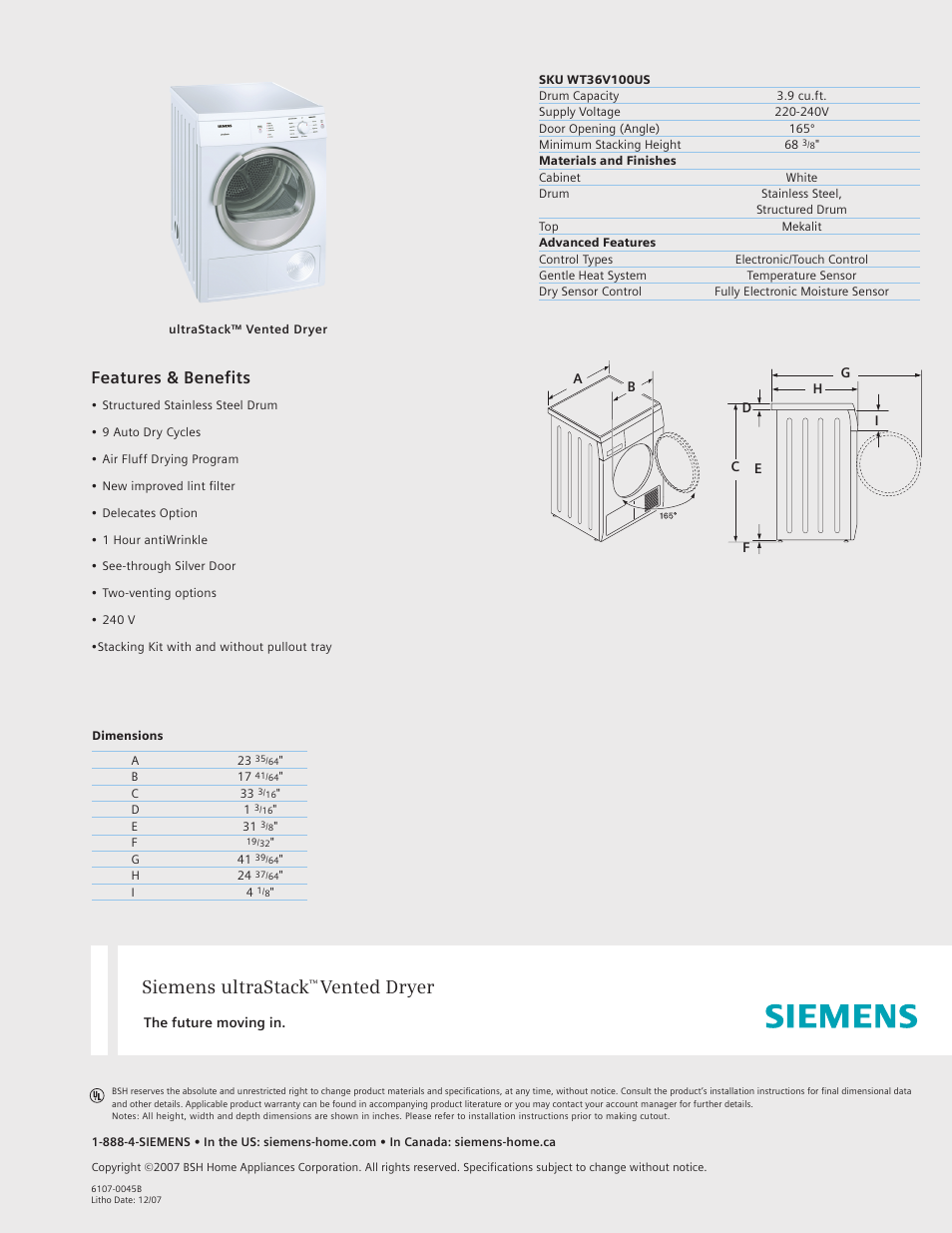 Siemens 24 Stackable Vented Dryer User Manual | 1 page