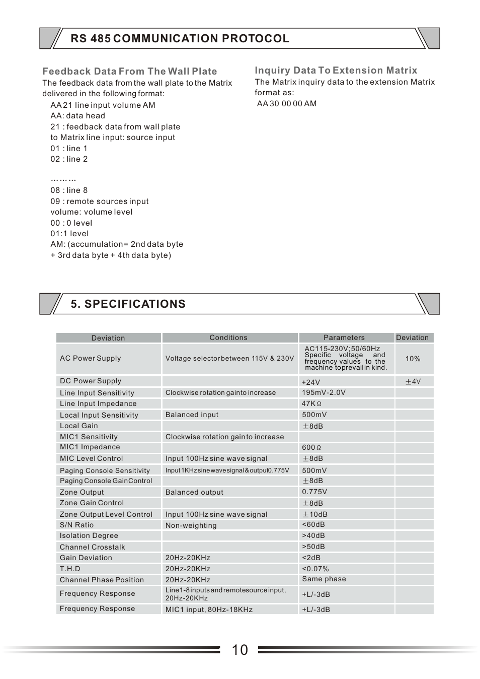 Т³гж 14, Specifications, Rs 485 communication protocol | Inquiry data to extension matrix, Feedback data from the wall plate | t&mSystems Project MIX818 User Manual | Page 14 / 17