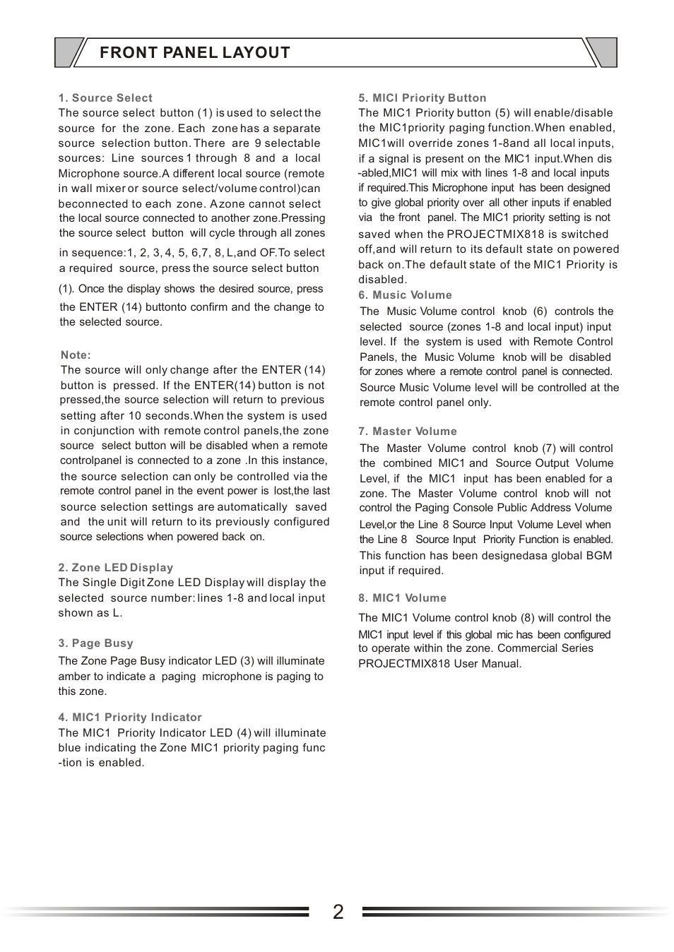 Т³гж 6, Front panel layout | t&mSystems Project MIX818 User Manual | Page 6 / 17