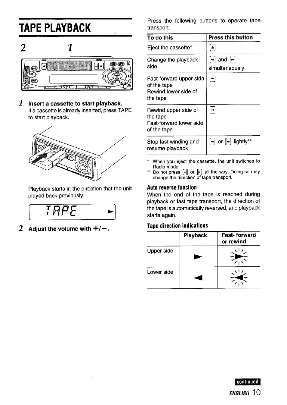 Tape playback, Insert a cassette to start playback, Auto reverse function | Tape direction indications, F n l 2 | Aiwa CT-X409 User Manual | Page 11 / 44