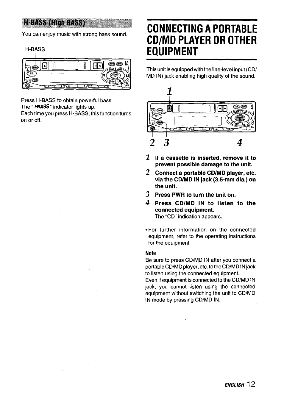 H-bass (high bass), 3 press pwr to turn the unit on, Note | Aiwa CT-X409 User Manual | Page 13 / 44