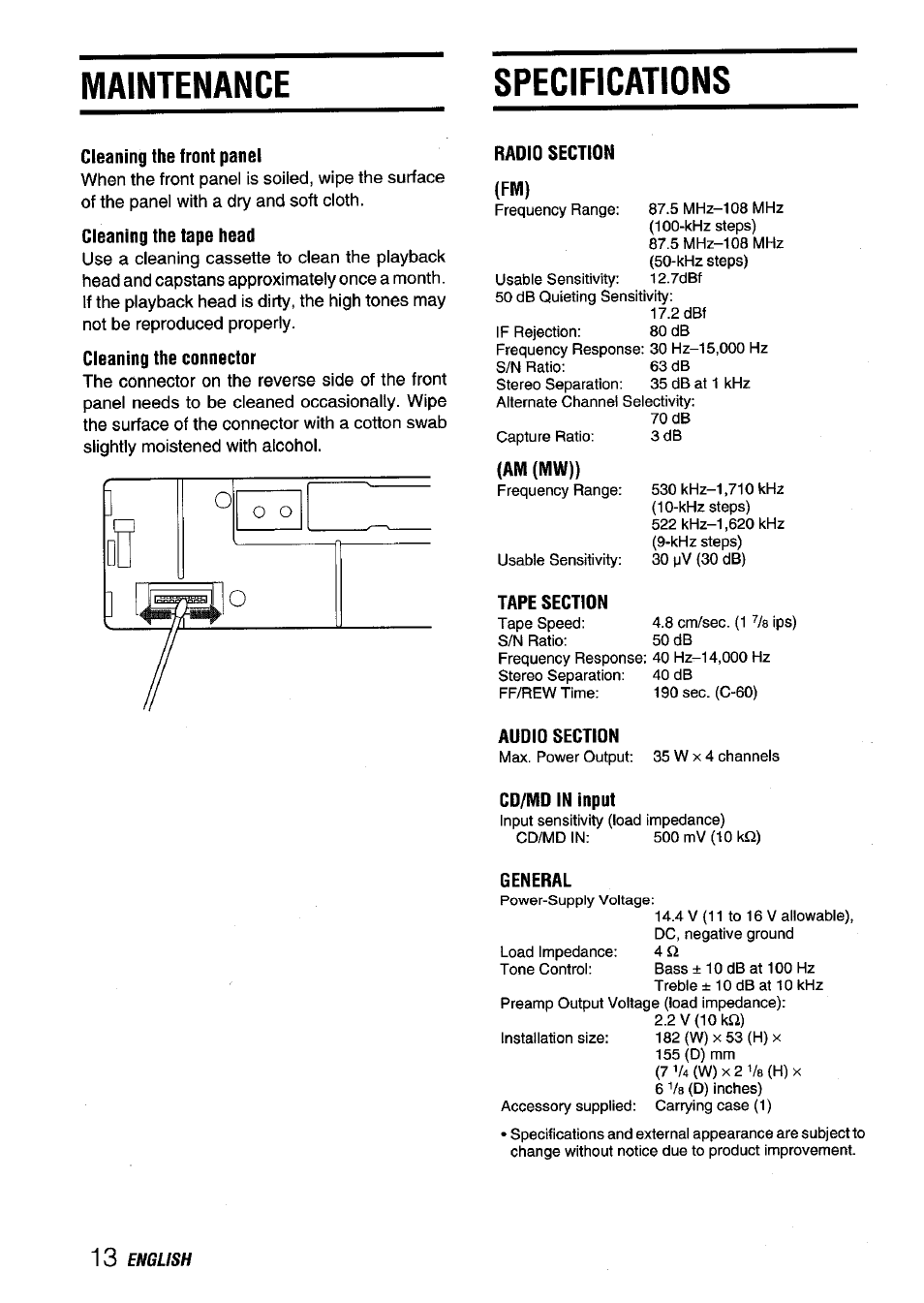 Maintenance, Specifications, Cleaning the front panel | General, Maintenance specifications, Cleaning the tape head, Cleaning the connector, Am (mw)), Cd/md in input | Aiwa CT-X409 User Manual | Page 14 / 44