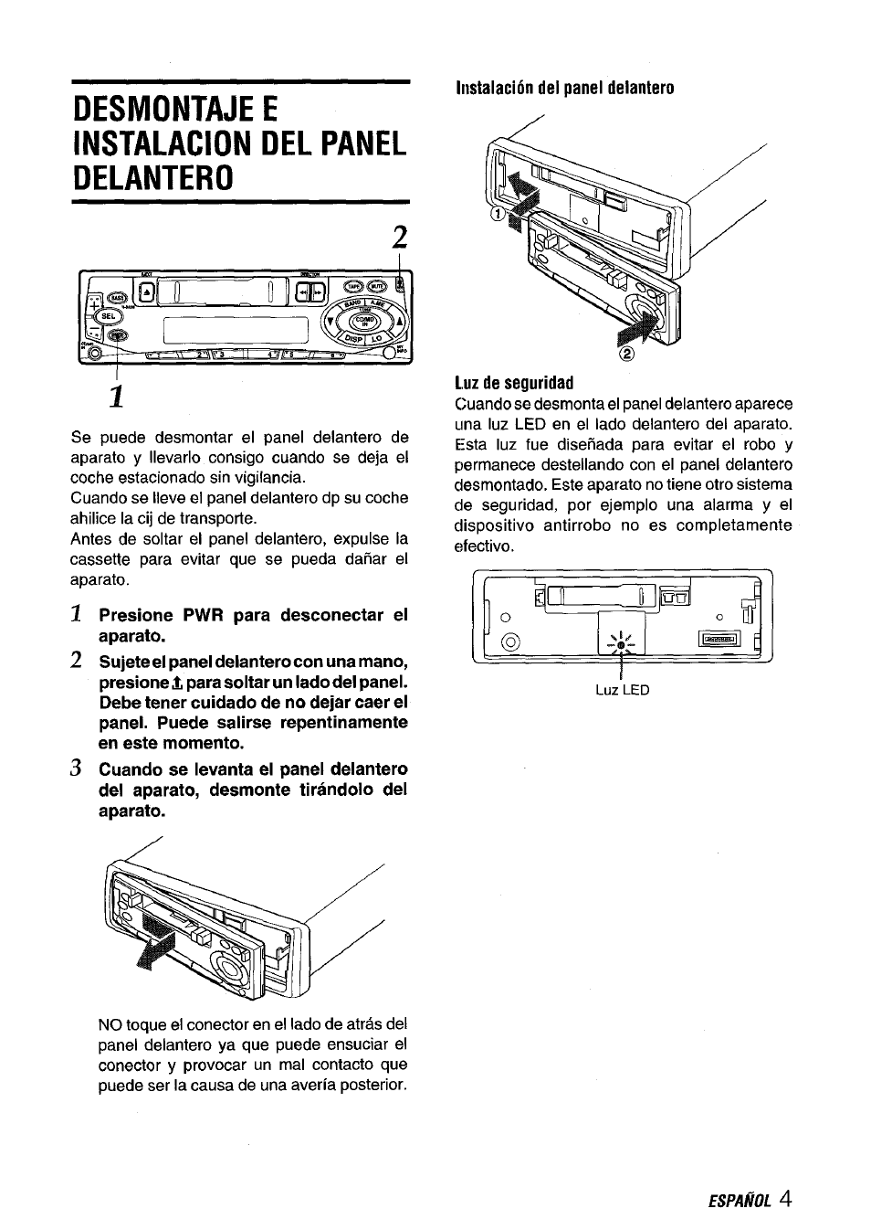Desmontaje e instalacion del panel delantero, Instalación del panel delantero, 1 presione pwr para desconectar el aparato | Luz de seguridad | Aiwa CT-X409 User Manual | Page 19 / 44