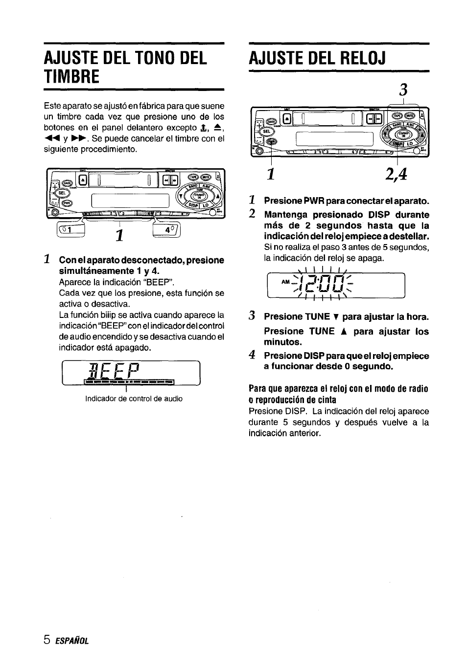Ajuste del tono del timbre, 3 presione tune ▼ para ajustar ia hora, Ajuste del tono del timbre ajuste del reloj | Xí c c o, C u lu | Aiwa CT-X409 User Manual | Page 20 / 44