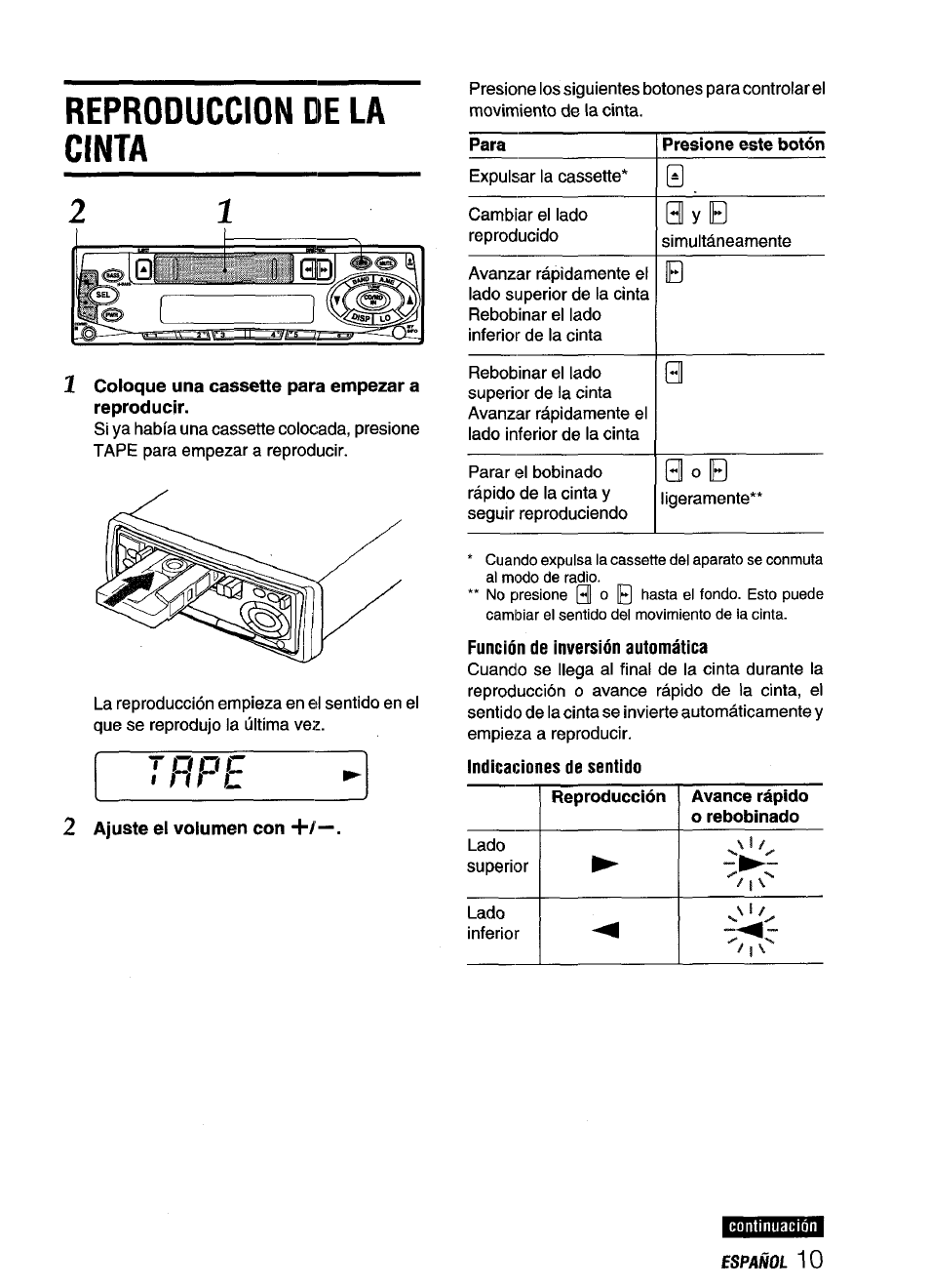 Reproduccion de la cinta, 1 coloque una cassette para empezar a reproducir, 2 ajuste el volumen con | Función de inversión automática, Indicaciones de sentido, O o c | Aiwa CT-X409 User Manual | Page 25 / 44