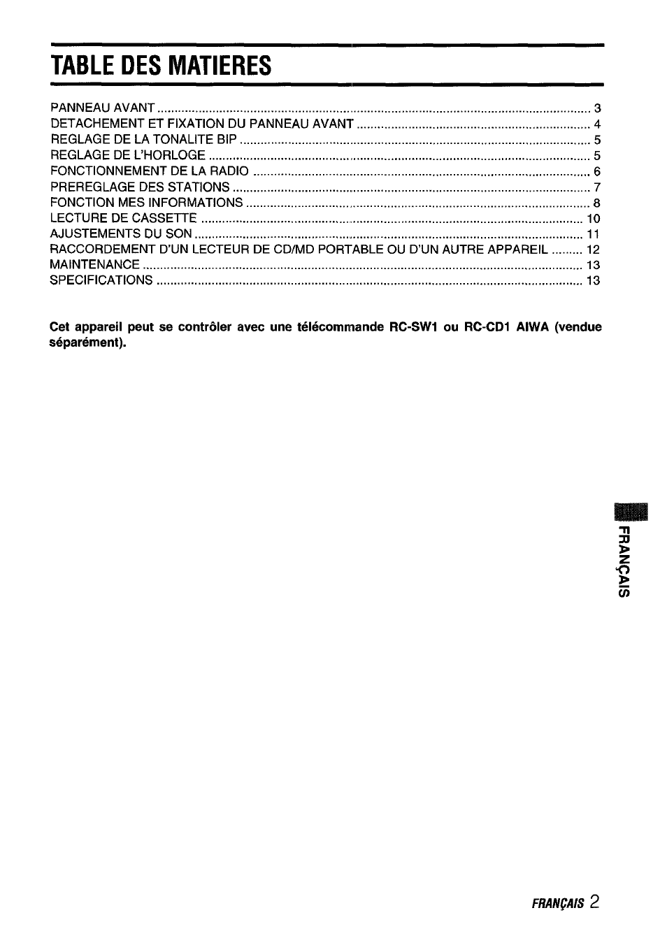 Table des matieres | Aiwa CT-X409 User Manual | Page 31 / 44