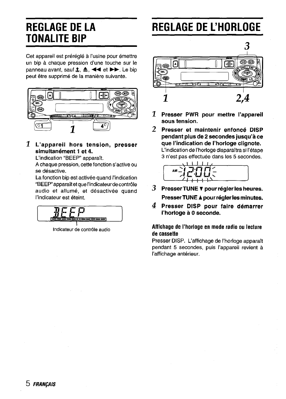 Reglage de la tonalite bip, Presser pwr pour mettre l’appareil sous tension, Reglage de uhorloge | J c u u | Aiwa CT-X409 User Manual | Page 34 / 44