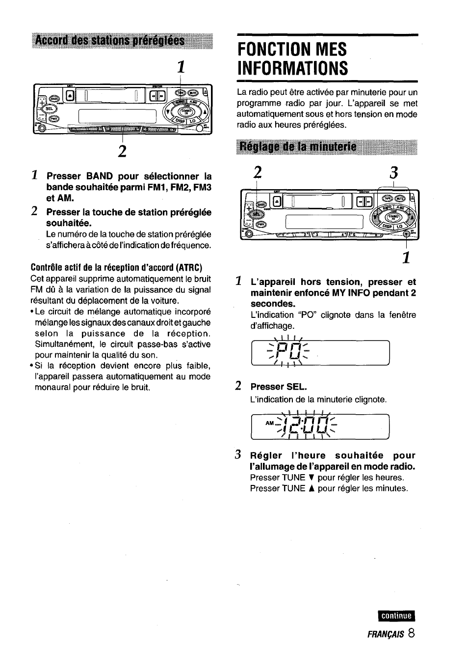 Accord des stations préréglées, 2 presser ia touche de station préréglée souhaitée, Contrôle actif de la réception d’accord (atrc) | Fonction mes informations, Réglage de la minuterie, Presser sel | Aiwa CT-X409 User Manual | Page 37 / 44