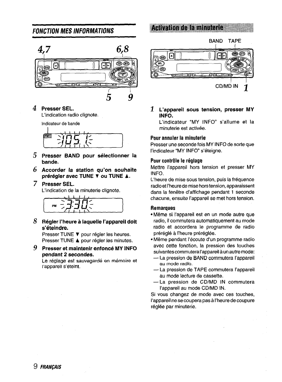 Activation de la minuterie, Presser sel, Presser band pour sélectionner la bande | 1 l’appareil sous tension, presser my info, Pour annuler la minuterie, Pour contrôle le réglage, Remarques | Aiwa CT-X409 User Manual | Page 38 / 44