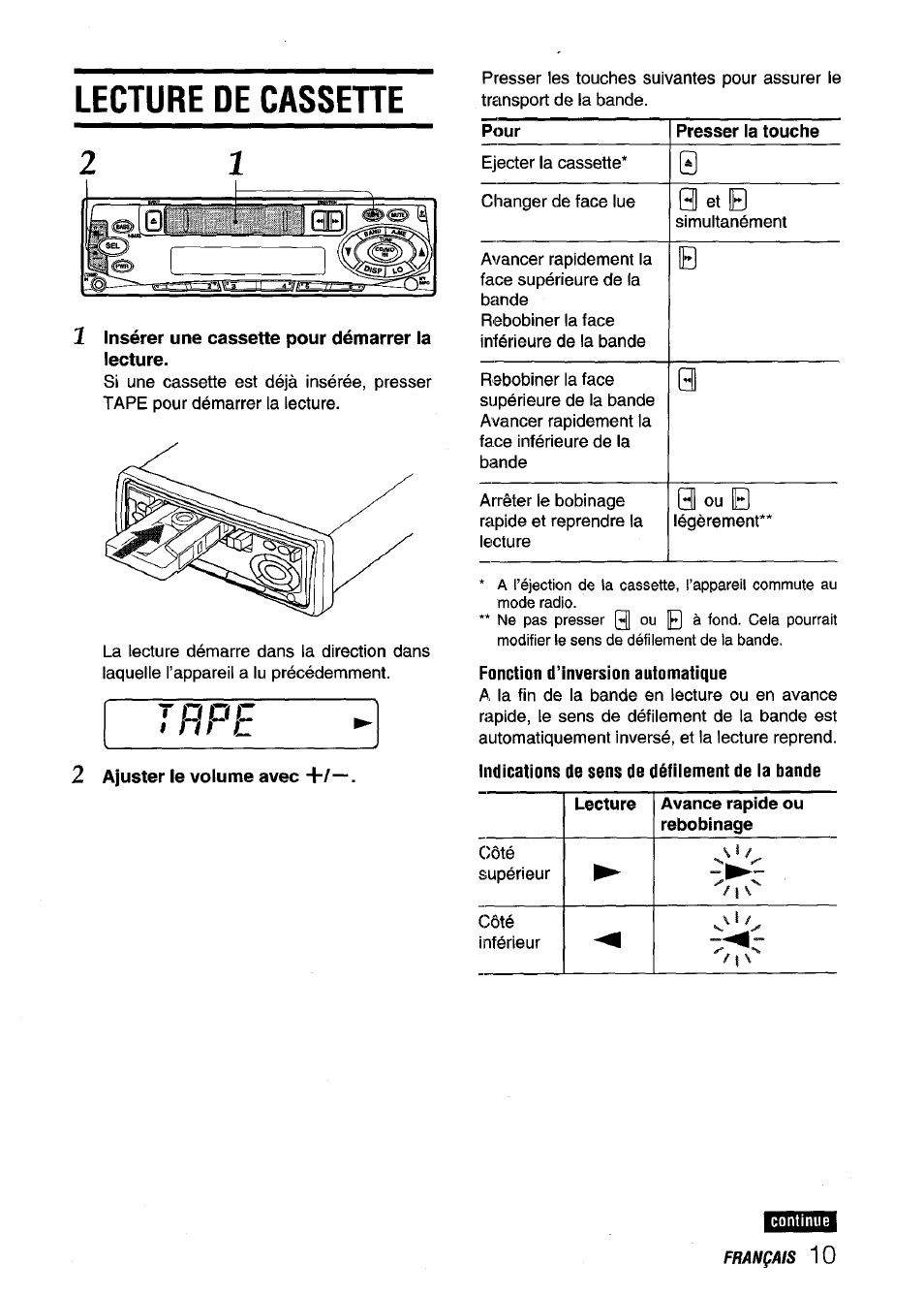 Lecture de cassette, 1 insérer une cassette pour démarrer la lecture, 2 ajuster le volume avec | Indications de sens de défilement de la bande | Aiwa CT-X409 User Manual | Page 39 / 44