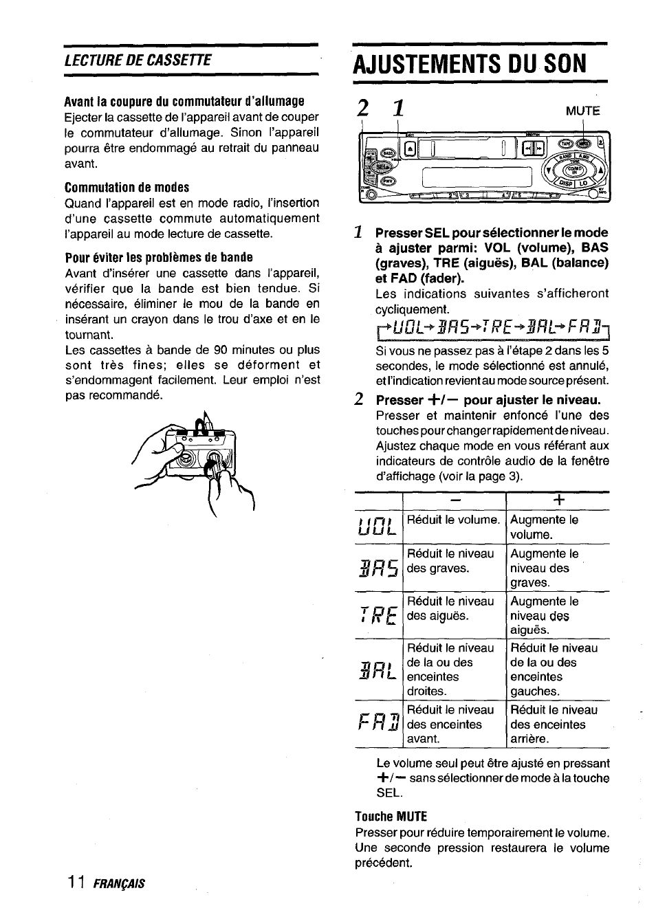 Ajustements du son, Avant la coupure du commutateur d'allumage, Commutation de modes | Pour éviter les problèmes de bande, Touche mute, Ws-*jre-*wl-*fr]!-i, Pt'5 | Aiwa CT-X409 User Manual | Page 40 / 44