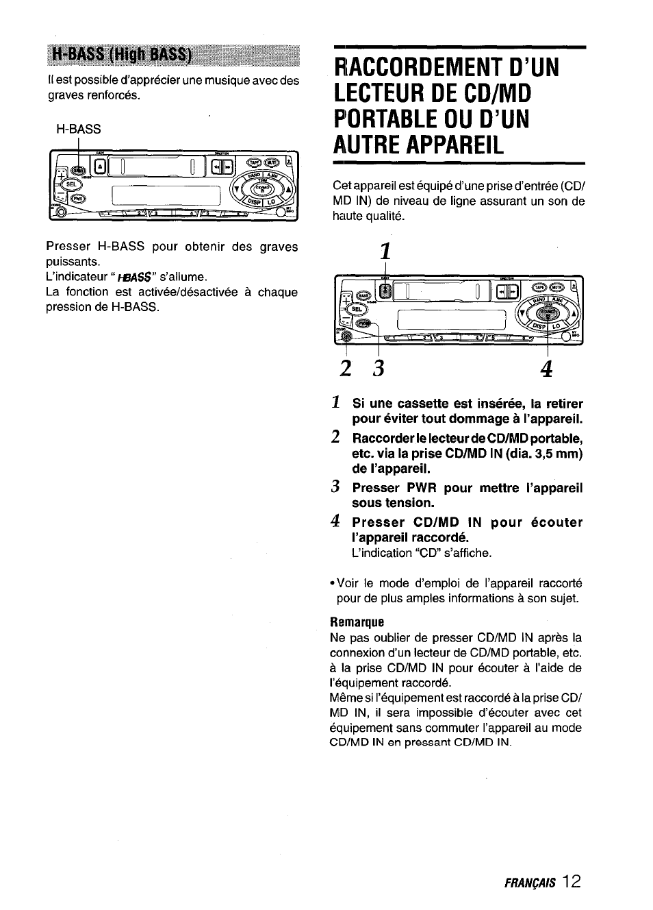H-bass (high bass), 3 presser pwr pour mettre l’appareil sous tension, Remarque | Aiwa CT-X409 User Manual | Page 41 / 44